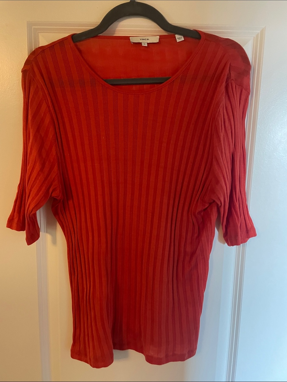 Vince Orange-Red Ribbed Short Sleeve Knit Tee